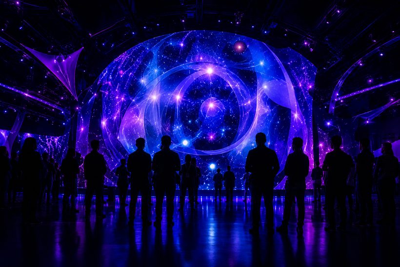 Immersive projection-mapped environment with an audience