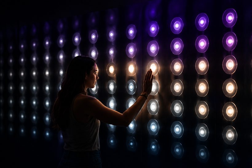 Person interacting with a light-and-LED installation