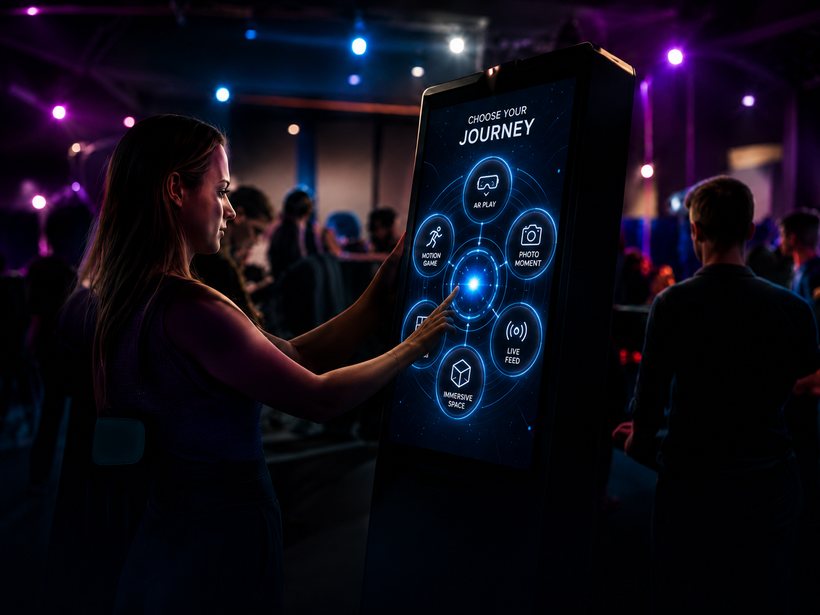 Guest using an interactive touchscreen kiosk at an event