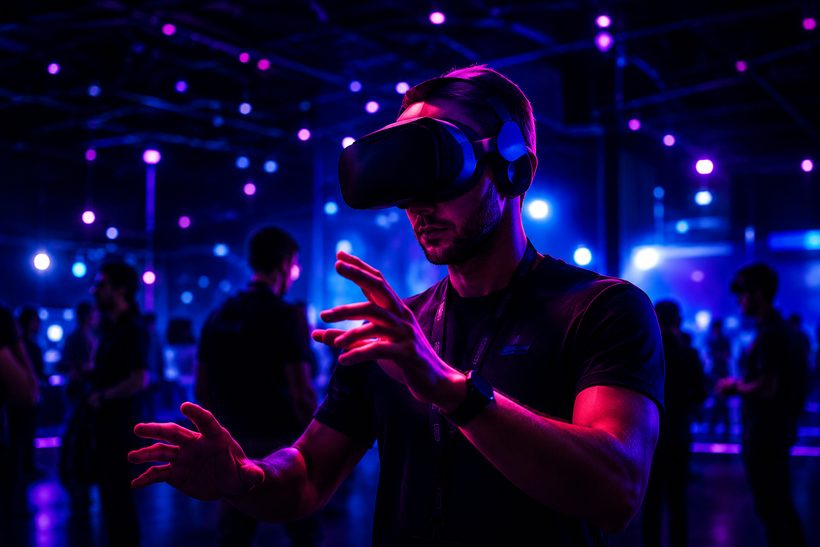 Attendee wearing a VR headset in an XR experience