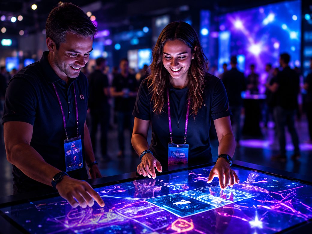 Two guests smiling at an interactive event table